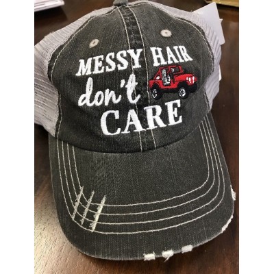 Katydid Messy Hair Don't Care Red Jeep Gray Mesh Distressed Trucker Hat Cap NEW  eb-51919452